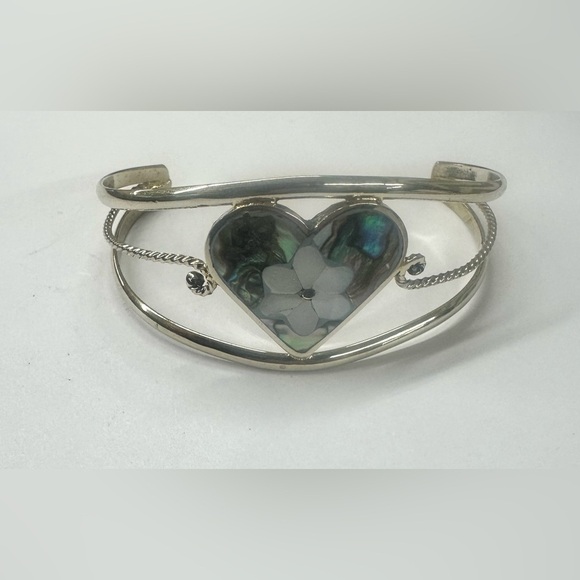 Vintage Taxco Mexican Alpaca Abalone Mother of Pearl White Floral Heart Bracelet - Picture 3 of 4